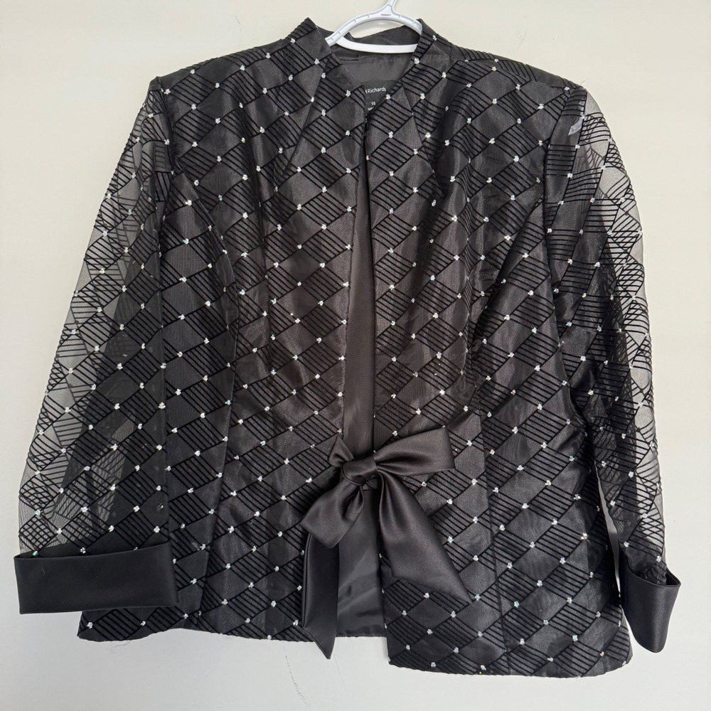NWOT R&M Richard's Women's Black Evening Gown Jacket 14 Bejeweled Satin Trim Bow